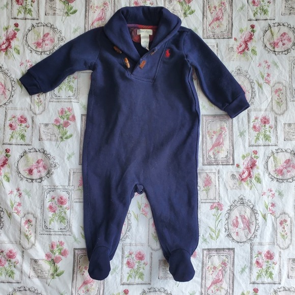 Y2k RALPH LAUREN POLO Collared Footed One-Piece Romper 6M Baby Dark Blue - Picture 1 of 5